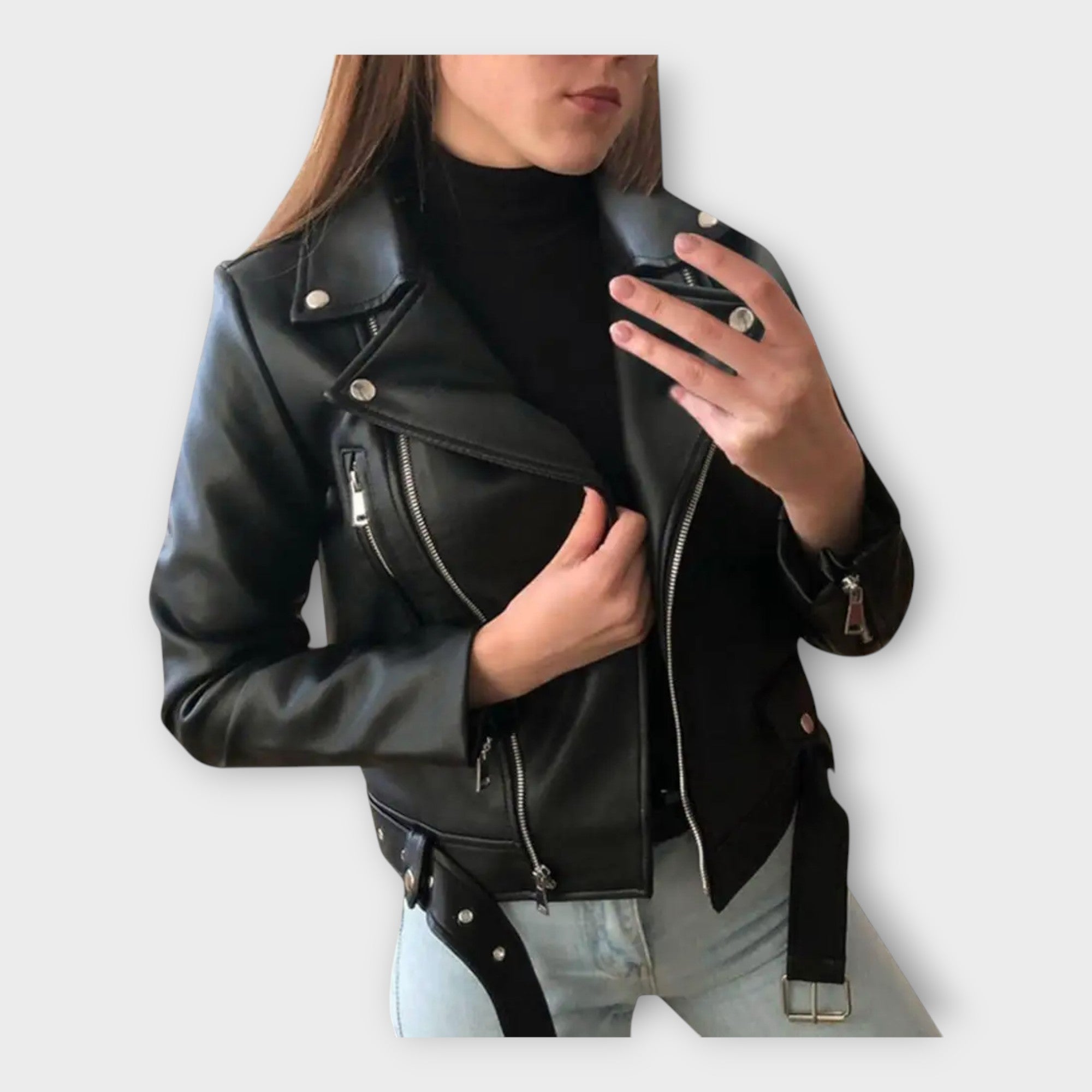 Chaqueta de cuero moderna con cinturón y cremallera
