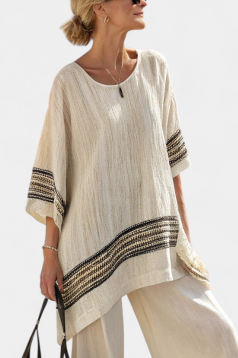 Conjunto mediterráneo de margaritas de lino y bambú con elegantes rayas rojas y verdes