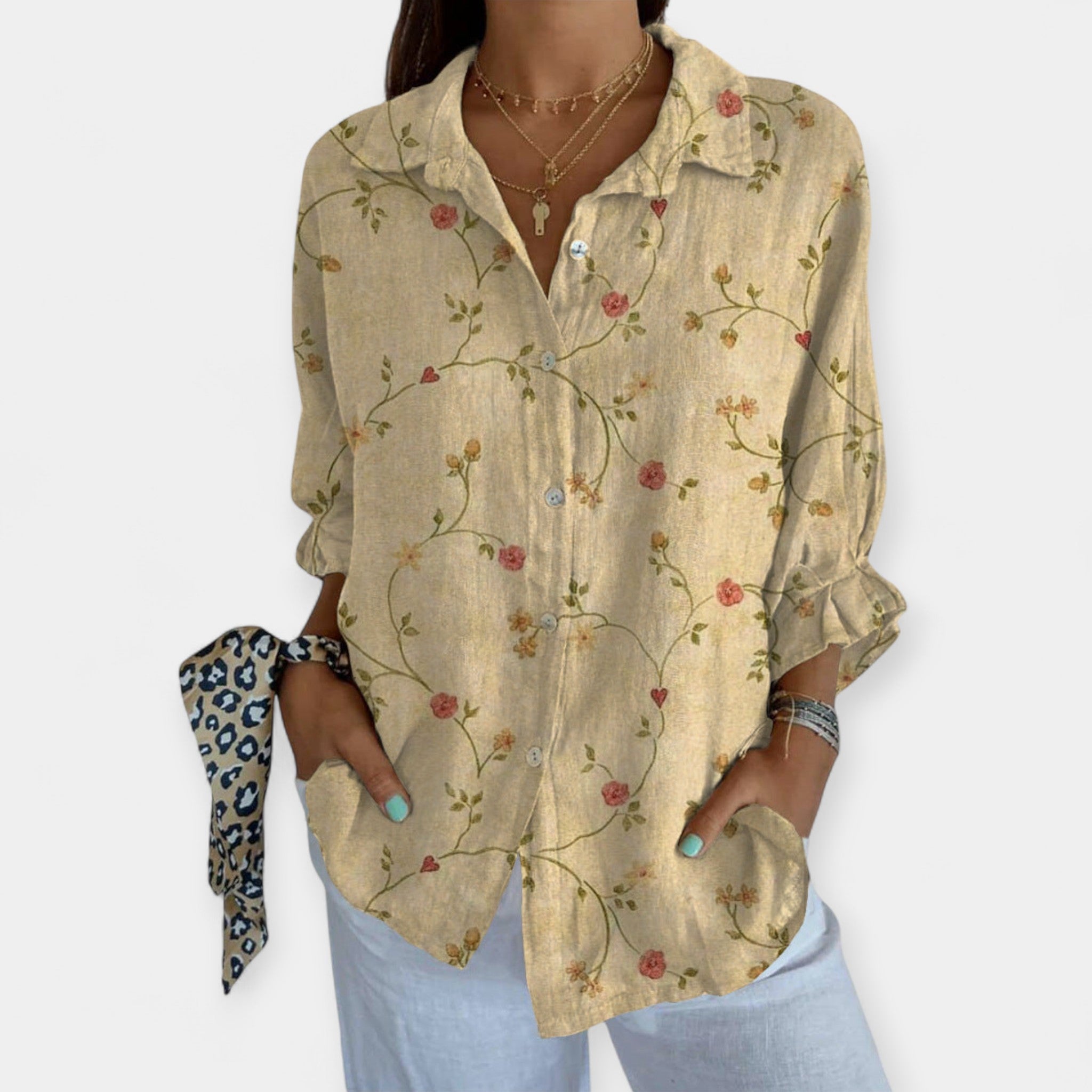 Camisa de Lino con Estampado Floral y Pájaros