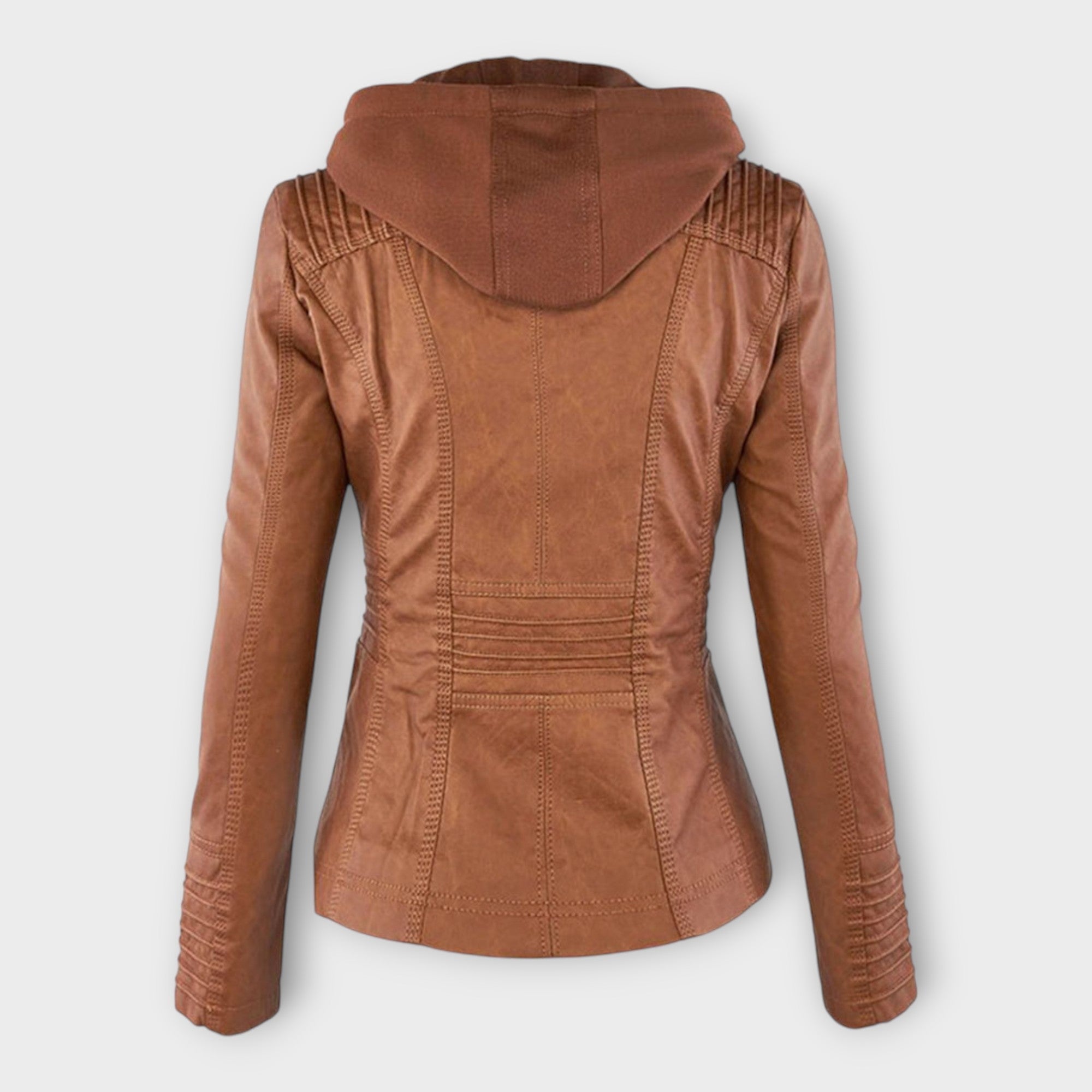 Chaqueta de cuero moderna con capucha y línea atemporal