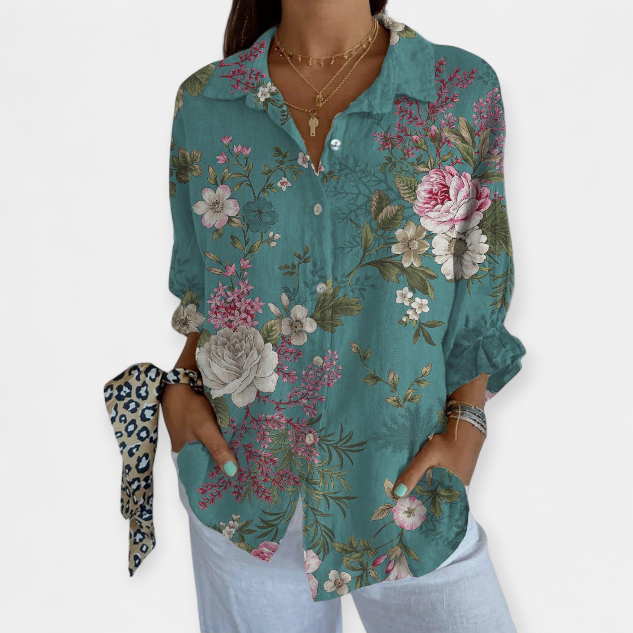Camisa de Lino con Estampado Floral y Pájaros