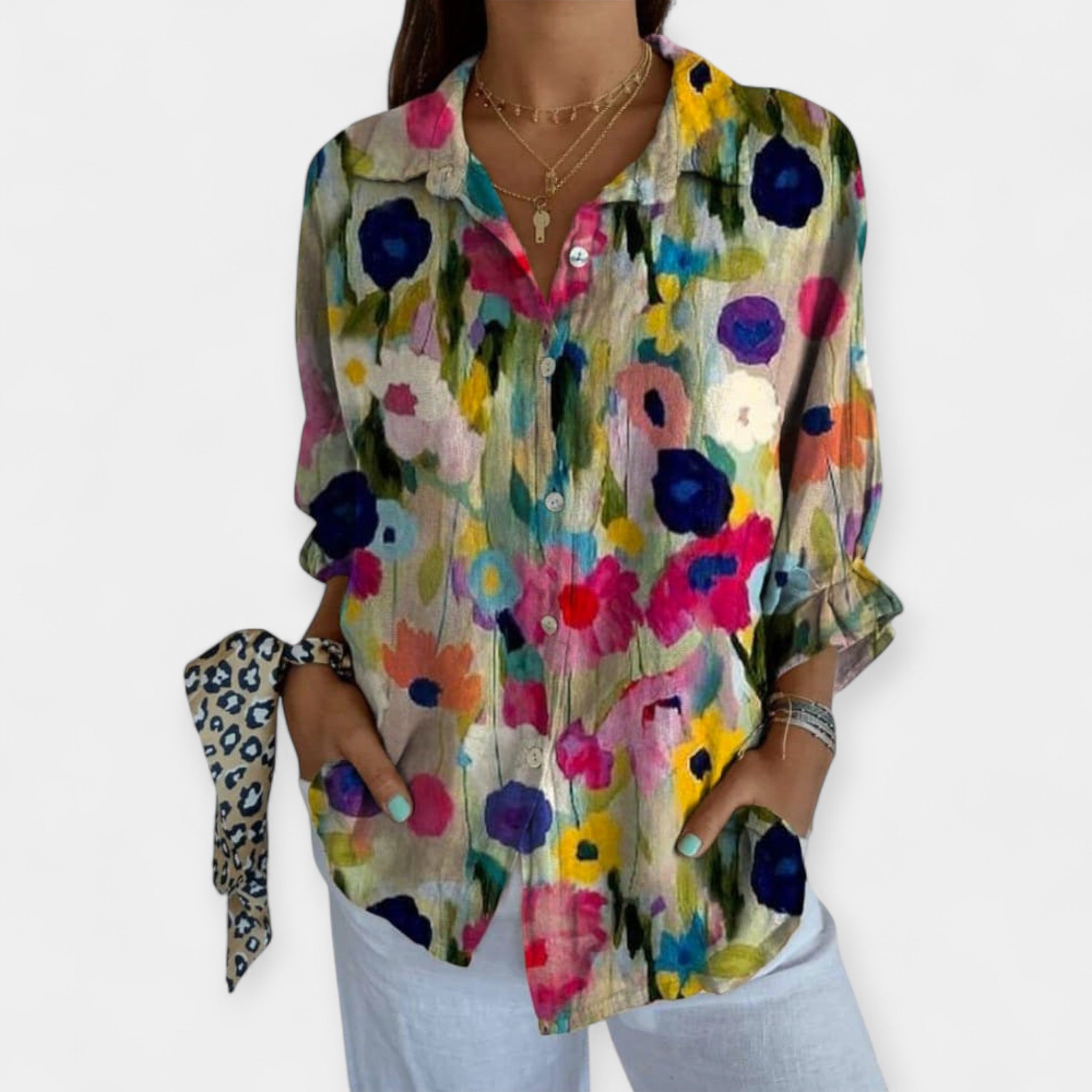 Camisa de Lino con Estampado Floral y Pájaros